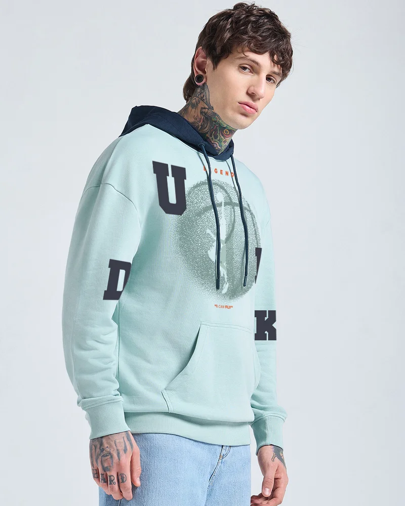 بيواكوف Men's Green & Navy Blue Dunk Typography Oversized Hoodies